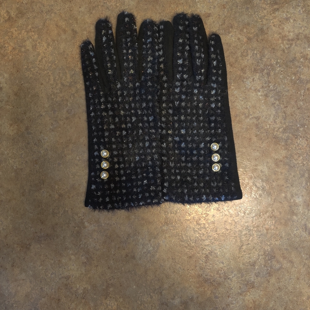Black and Gray Patterned Gloves with Button Accents